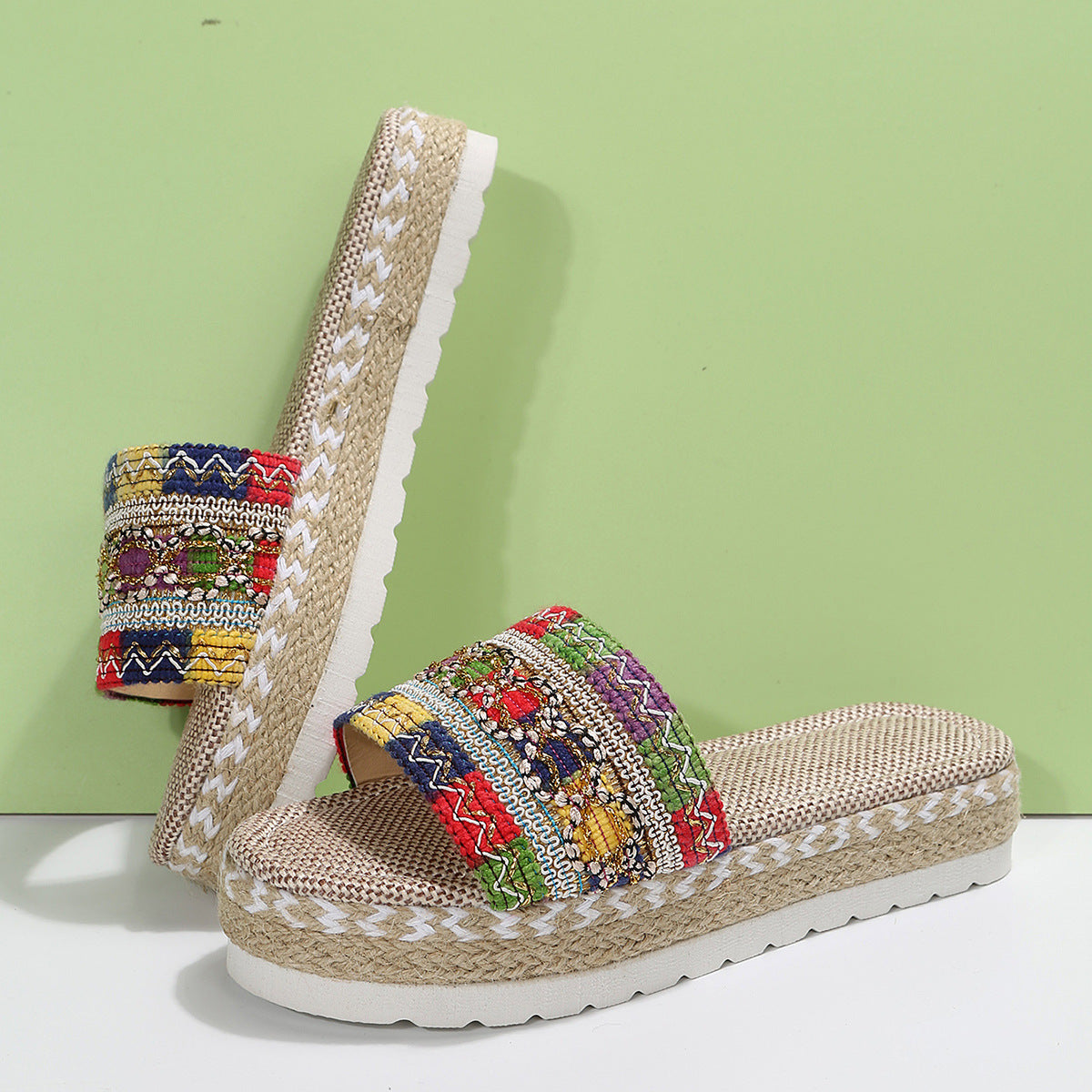 Peep-Toe Wedge Braided Jute Platform Comfortable Slip-On Sandals