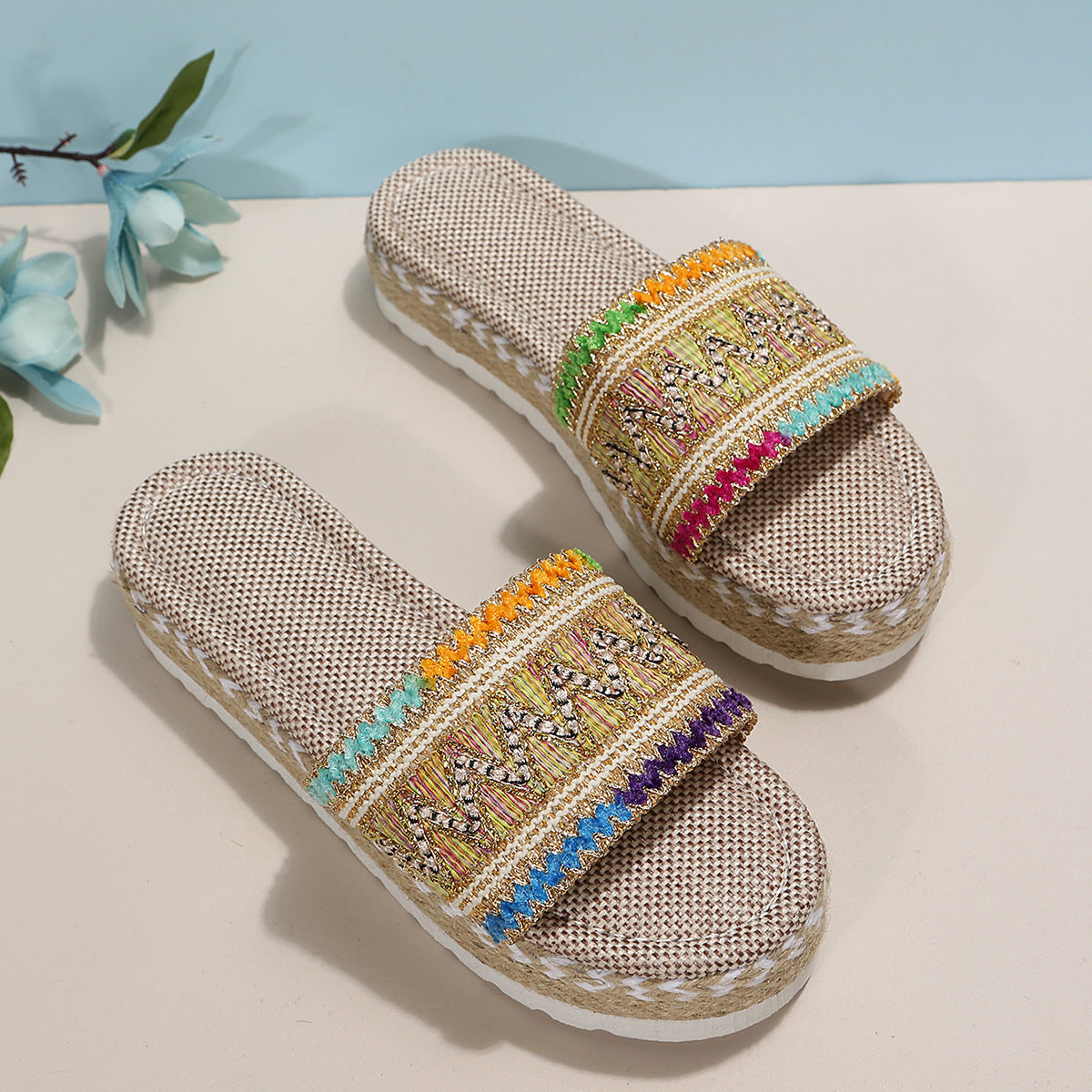 Peep-Toe Wedge Braided Jute Platform Comfortable Slip-On Sandals